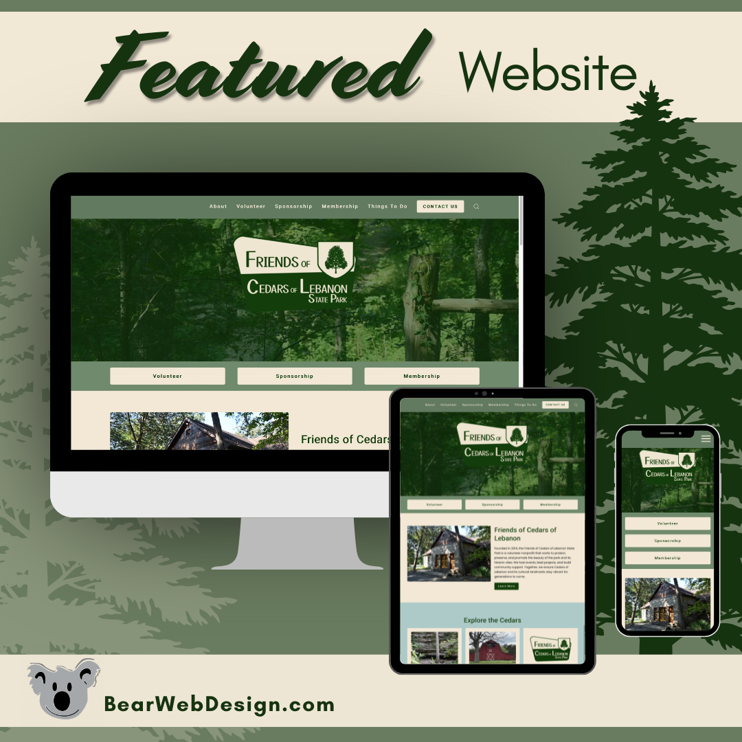 Friends of Cedars website displayed on desktop, tablet, and mobile devices, showcasing responsive website design by Bear Web Design.