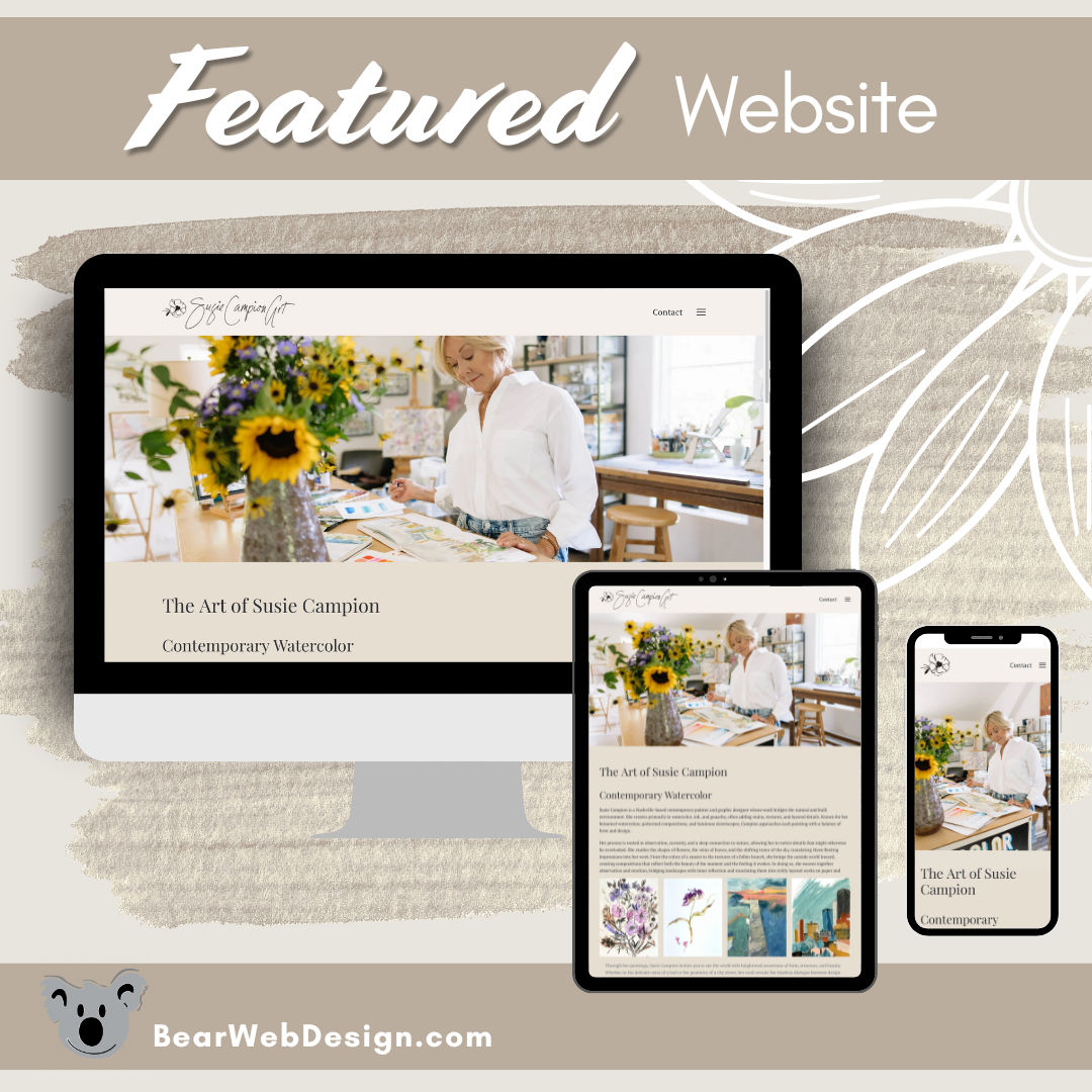 Artist portfolio website design featuring the watercolor artwork of Susie Campion displayed across desktop, tablet, and mobile devices by Bear Web Design